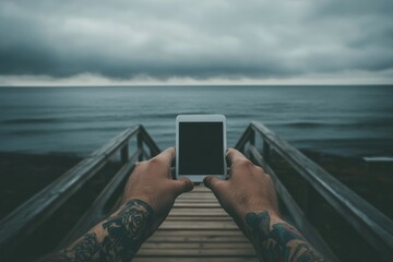 A hipster and millennial user of futuristic new technologies use a drone remote control to fly a device in the air. Concept with legal or illegal drone usage in a populated area.