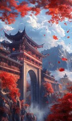 Obraz premium Majestic Chinese-style architecture surrounded by vibrant red maple trees in a serene mountainous landscape