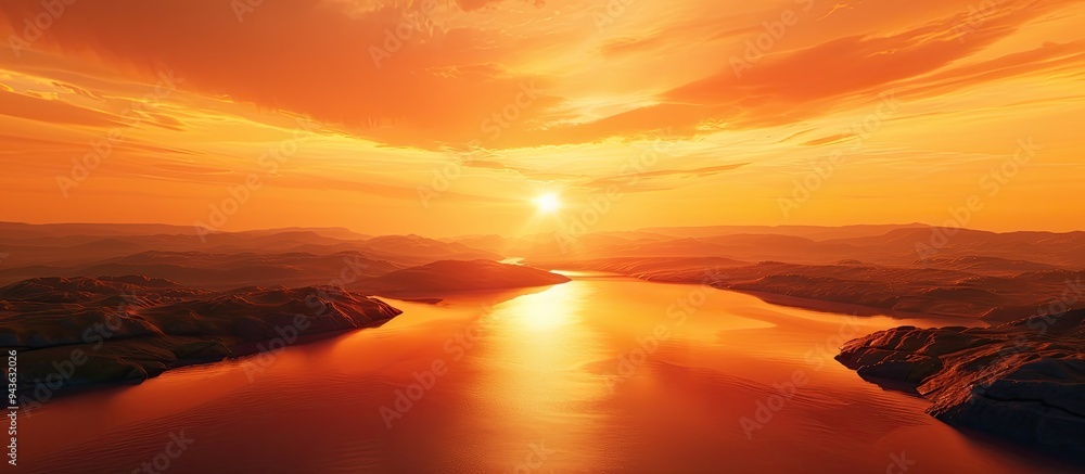 Leinwandbilder sunset reflecting on a lake with an orange sky seen from above in a captivating view with copy space