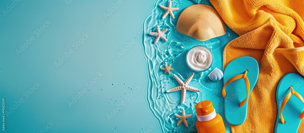 Leinwandbilder view from top showing beach towel flip flop and sunscreen cream for a summer holiday concept in an i