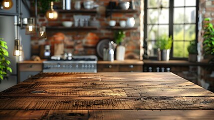 Plan de travail en bois, arrière plan cuisine flou, , pour intégration produits, ou décor graphique, style mockup