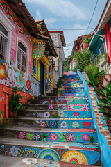 Colorful Artistic Street Stairs in a Vibrant Urban Neighborhood with Painted Walls and Floral Murals, Medell&iacute;n, Colombia - Cultural and Creative Street Art
