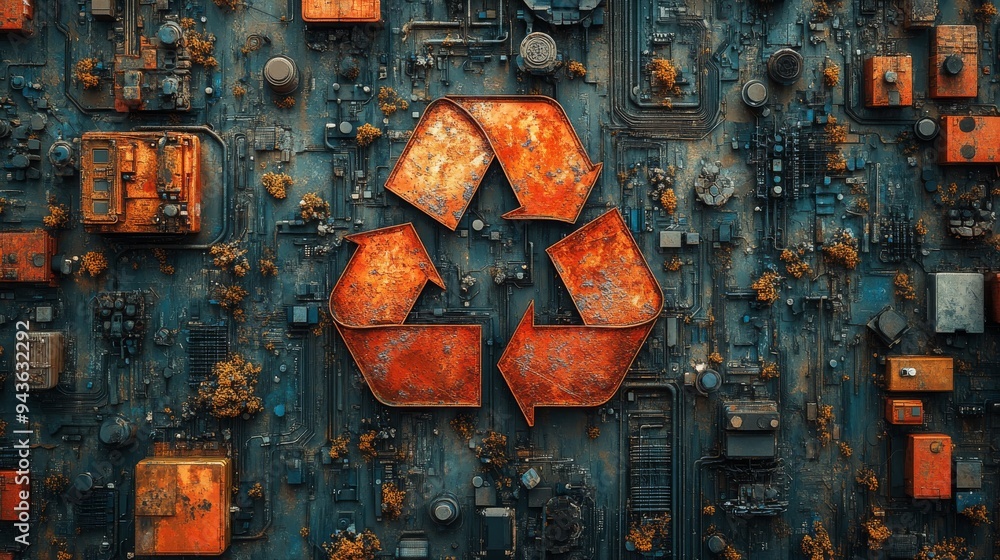 Poster a visual representation of a circular economy emphasizing recycling with urban elements and technolo