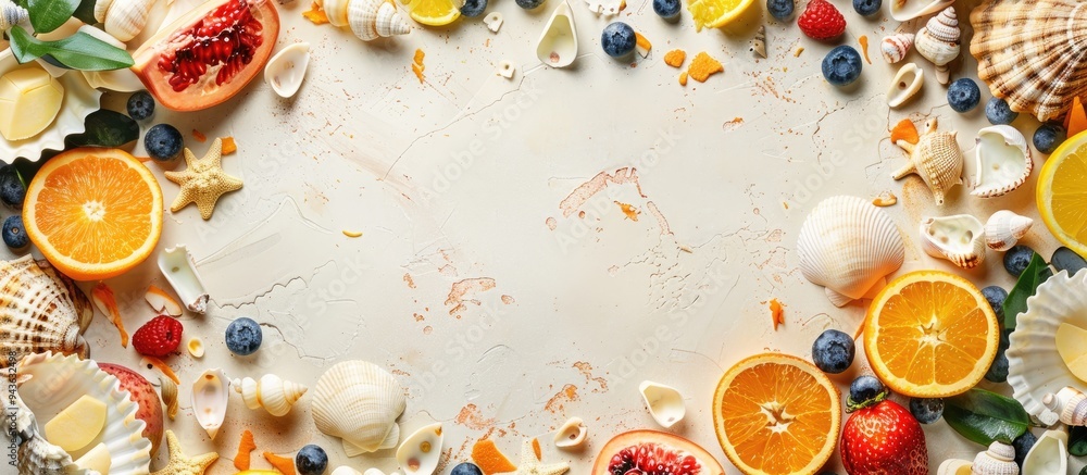 Poster top view of a vibrant summer themed arrangement featuring seashells fruits and accessories on a tabl
