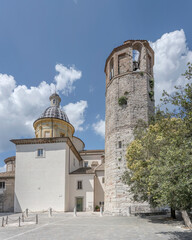 santa Fermina church and Torre Civica octagonal tower at medieval hilltop little town, Amelia, Italy