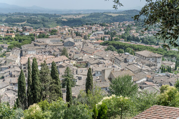 aerial cityscape with roofs of medieval hilltop little town, Amelia, Italy