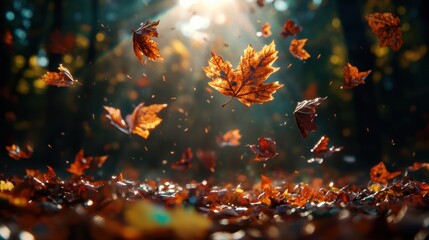 Sunlight filters through the forest as golden autumn leaves gracefully descend, highlighting the tranquil and beautiful essence of the fall season.
