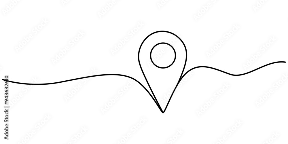 Poster location single line icon, continuous one line drawing of path and location pointers. simple pins on
