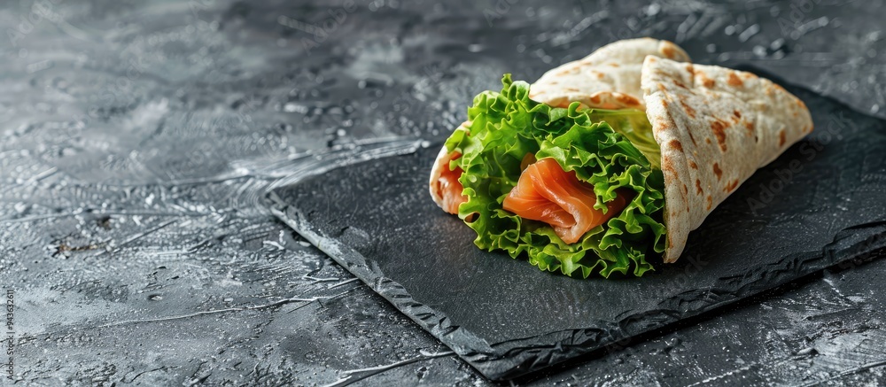 Poster thin pita rolls and salted salmon with lettuce on a slate stand against a grey concrete backdrop off