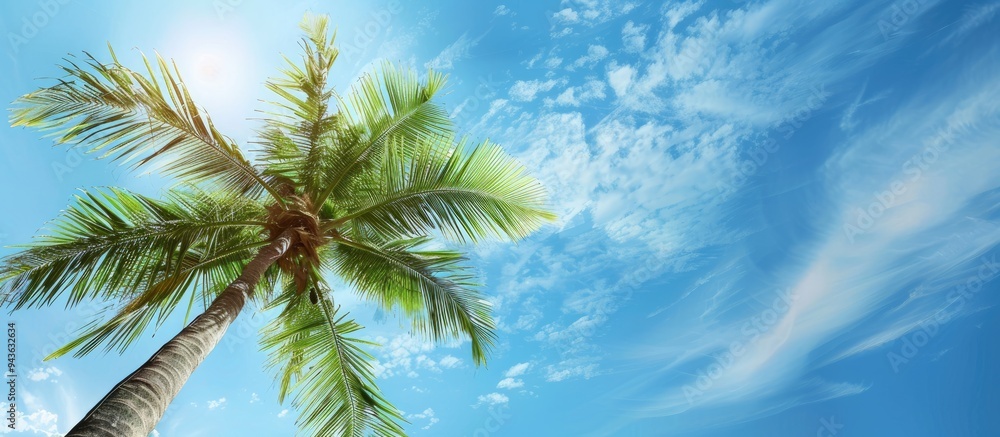 Poster a palm tree with green leaves swaying in the wind against a backdrop of a clear blue sky perfect for