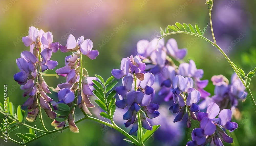 Poster hairy vetch vicia villosa purple flowers closeup selective focus