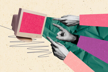 Creative collage picture hands body fragments finger gesture nonverbal pointing direction display...