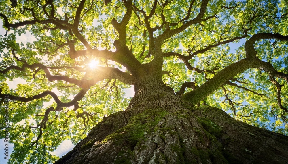 Poster look up under the old huge tree sunlight through the oak tree branches