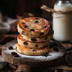 Traditional Welsh Cakes with Raisins and Fresh Milk, Close-Up Homespun Delight on Wooden Table. 