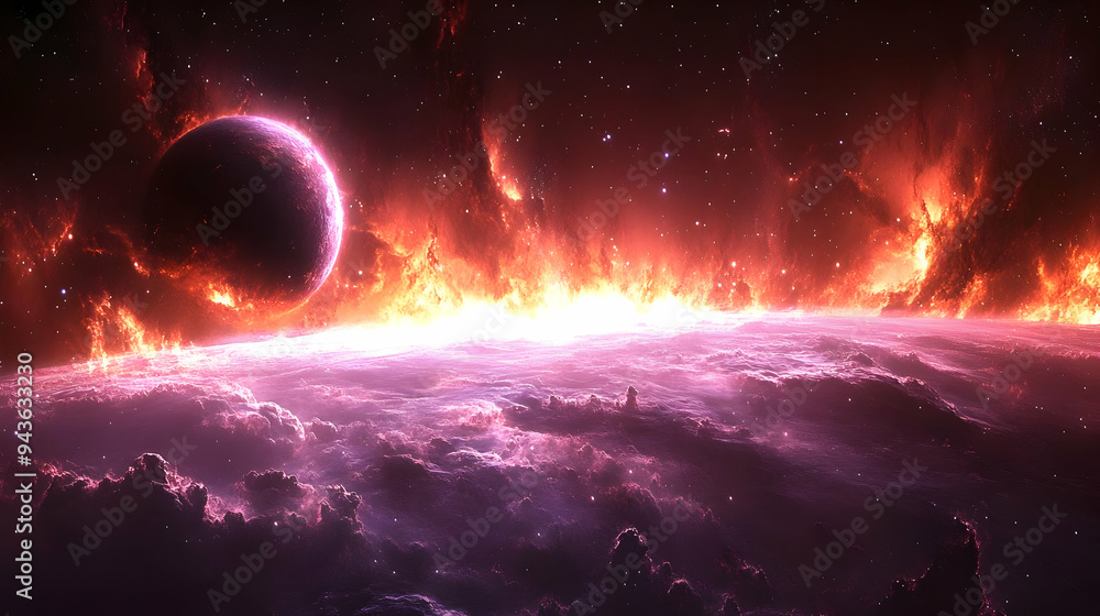 Poster a fiery red planet with a glowing core surrounded by a vast space of stars and nebulae.