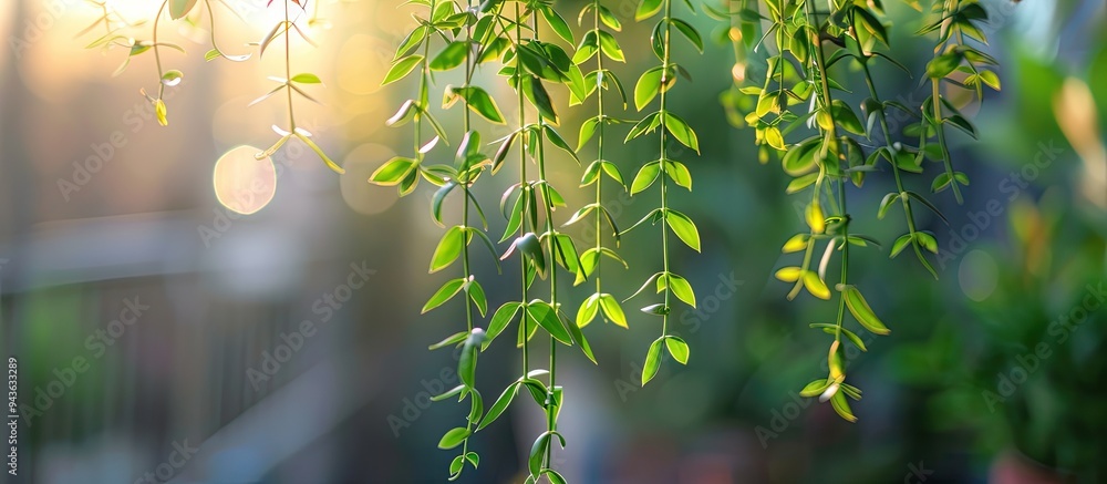 Poster macro shot of a leafy ornamental plant branch against a blurred background perfect for a copy space 