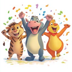 Three cheerful cartoon animals, a tiger, a hippopotamus, and a lion, are celebrating with confetti.