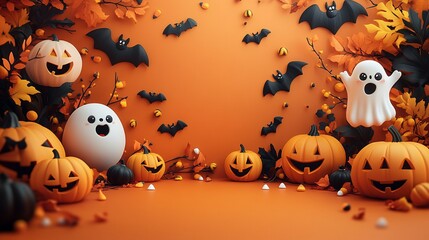 A Spooky Harvest: Pumpkins, Ghosts, and Bats on Orange