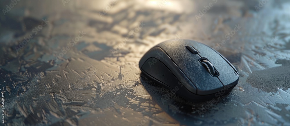 Poster close up of a wireless mouse on a lightly textured table with available copy space image