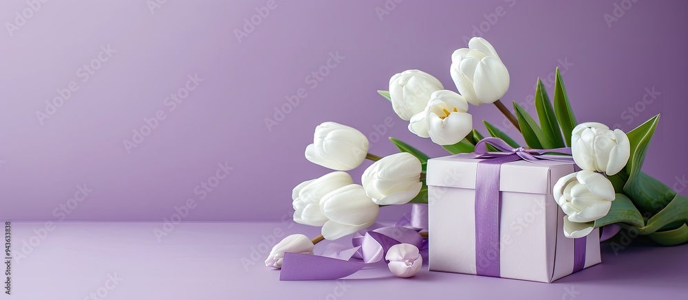 Aufkleber White tulips displayed with a gift box on a lilac background with available copy space image