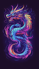 Chinese dragon illustration portrait in neon colors isolated on black background
