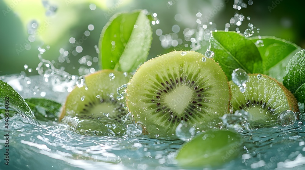 Poster refreshing kiwi fruit slices submerged in splashing water