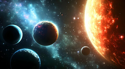 Naklejka premium A fiery red star, with multiple planets and a blue nebula in the background.