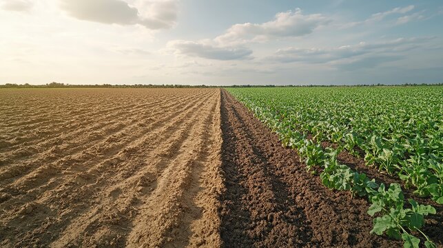 Two opposite environments: barren land with dry soil and a fertile field with green plants. Harvest plantation vs dead earth. Hunger or satiety concept.