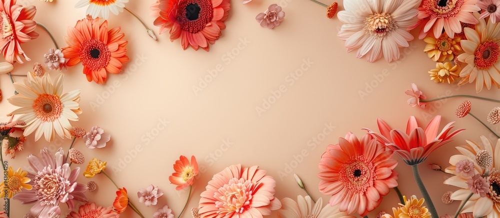 Leinwandbilder Top view image of a frame made with flowers against a beige background perfect for showcasing with copy space