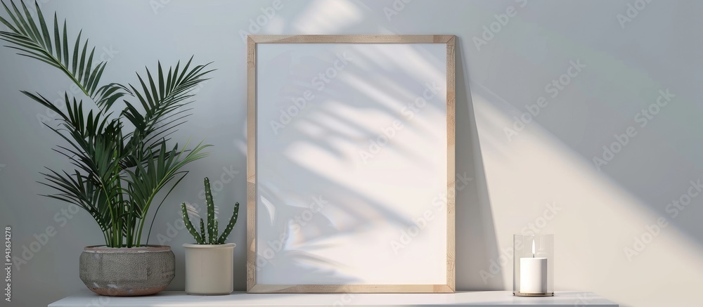 Aufkleber a wooden frame with copy space image is placed on a table with a plant and candle in a home interior