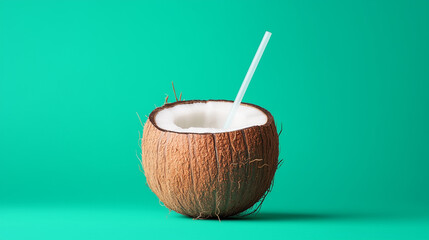 Juicy coconut with a straw, fresh from the tree, tropical vibes, refreshing and hydrating