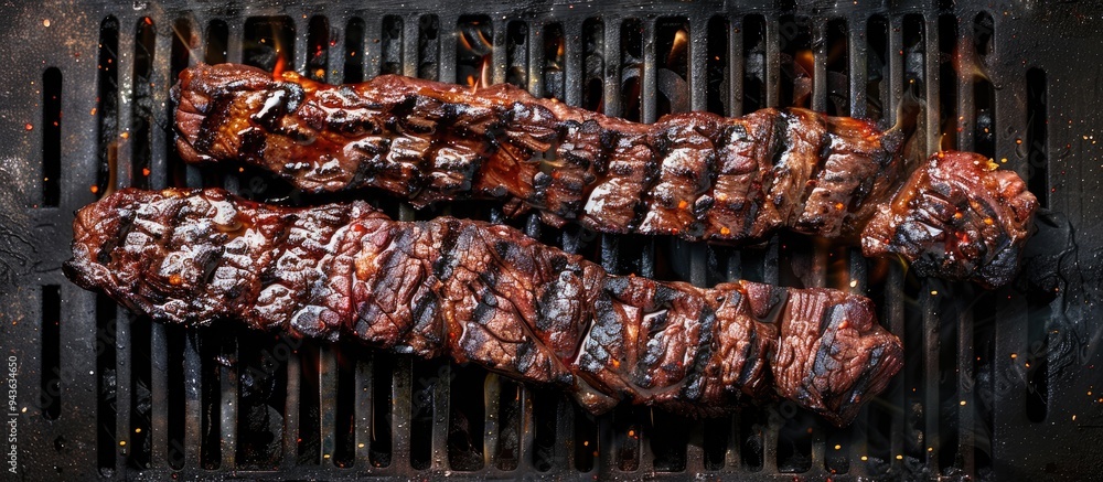Poster Grilled skirt steak prepared at home presented from a top view on a dark background with ample copy space image