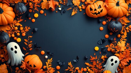 Spooky Halloween Wallpaper: Pumpkins, Ghosts, and Bats Amidst Autumn Leaves - Haloween wallpaper