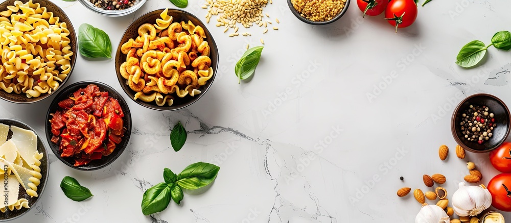 Poster a selection of pasta dishes adorned with fresh ingredients beautifully presented on a clean white ma