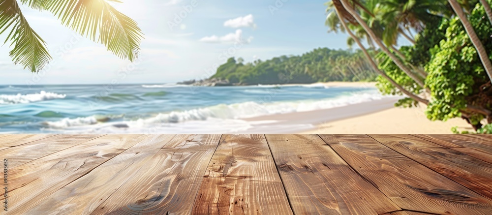Poster a wooden table against a tropical beach backdrop of sandy shores and palm trees creates a captivatin
