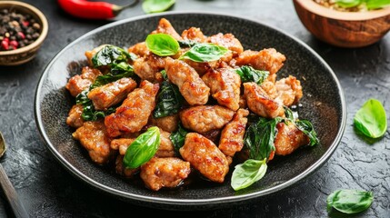 Fototapeta premium Basil with pork stir-fry