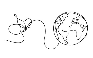 Abstract butterfly with planet Earth as line drawing on white background