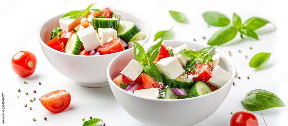 Aufkleber fresh vegetable salad bowls with cucumber feta cheese on a white background copy space image