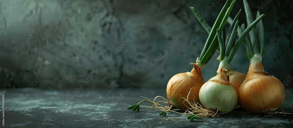 Aufkleber Home grown sprouted onions displayed on a dark background with ample copy space image showcasing a raw and eco friendly food item
