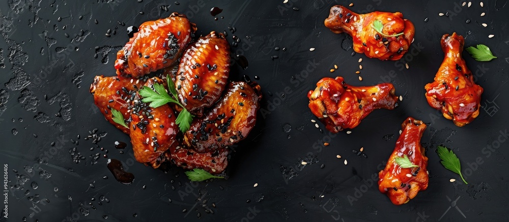 Poster Buffalo chicken wings with sweet and sour sauce and black sesame seeds on a black background in a top down view with copy space image