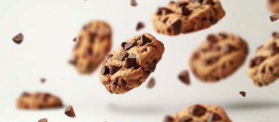 High resolution image of floating chocolate chip cookies with chunks displayed against a white background to serve as a copy space image