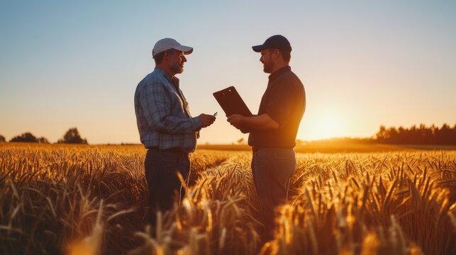 Crop insurance agent discussing coverage options with a farmer in a field.