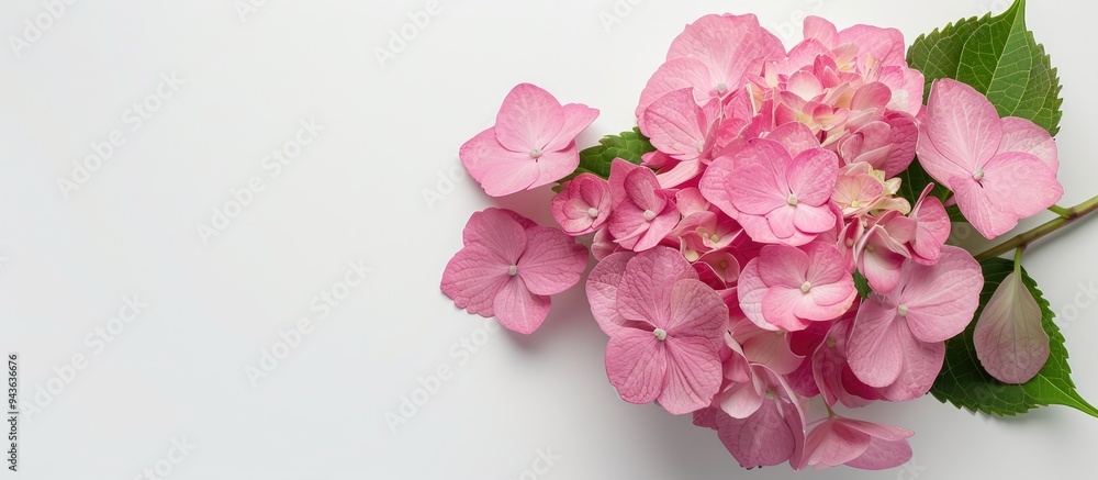 Leinwandbilder A pink Hydrangea flower displayed from above on a white background providing a clear area for your text in the picture. Creative banner. Copyspace image