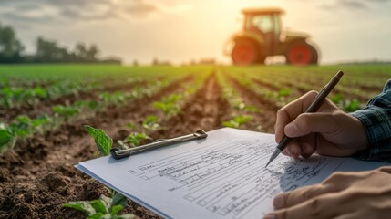 Crop insurance policy being signed with focus on the document and agricultural tools.
