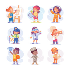 Child Profession Doing Different Job in Costume Vector Set