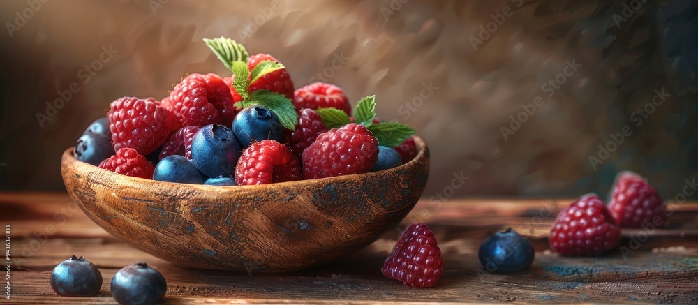 Poster a variety of vibrant berries including raspberries and blueberries arranged in a wooden saucer place