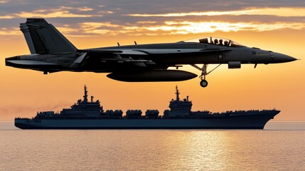 Fototapeta premium Fighter jets perform a dynamic display over the ocean, launching rockets against a stunning sunset backdrop, with warships visible at a distance