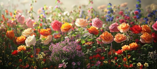 Lively garden featuring a variety of colorful roses and flowers ideal for a copy space image