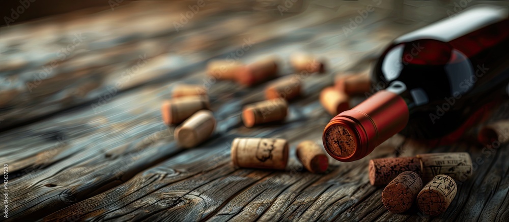 Aufkleber red wine bottle with corks on a wooden surface with copy space image