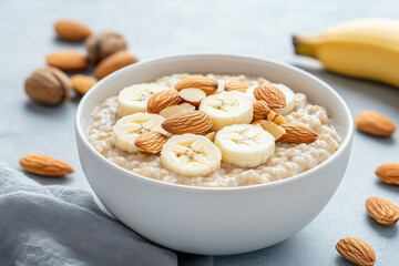 Porridge topped with sliced bananas and almonds, in a white bowl for world porridge day. 